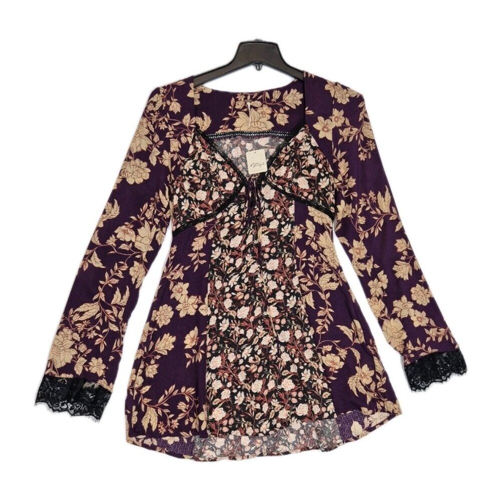 Free People Dress Size S Flower Mini Dress Espresso Combo Purple Multicolor (25)